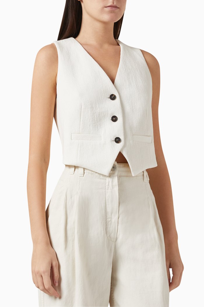 

Herringbone-embossed Waistcoat in Cotton Linen-blend, White
