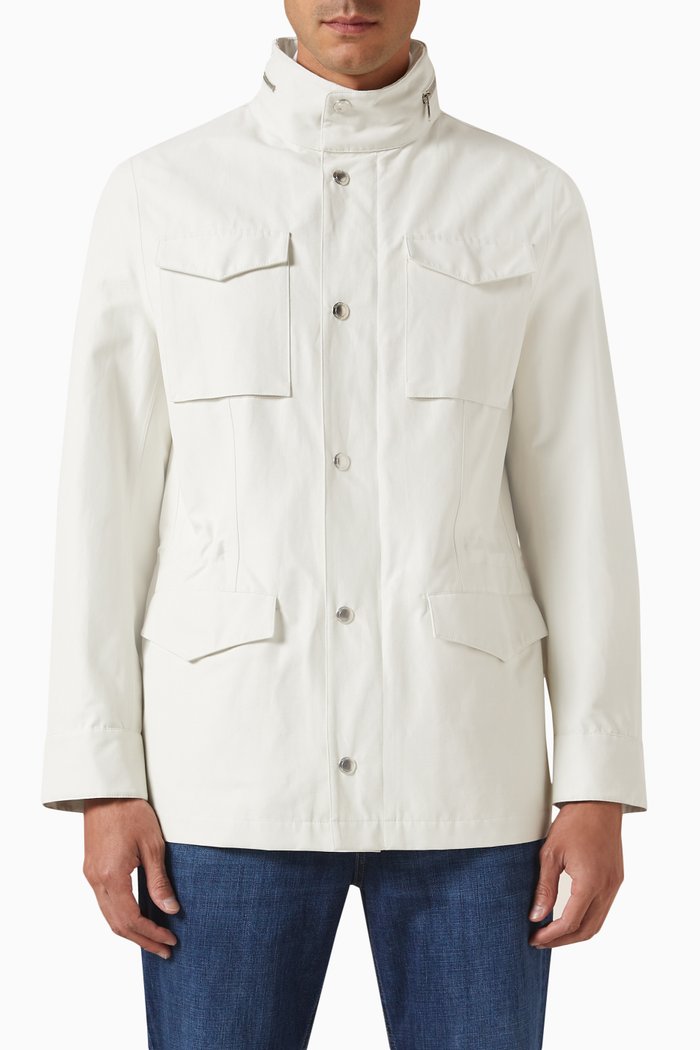 Stand-up Collar Coat in Linen & Silk, White
