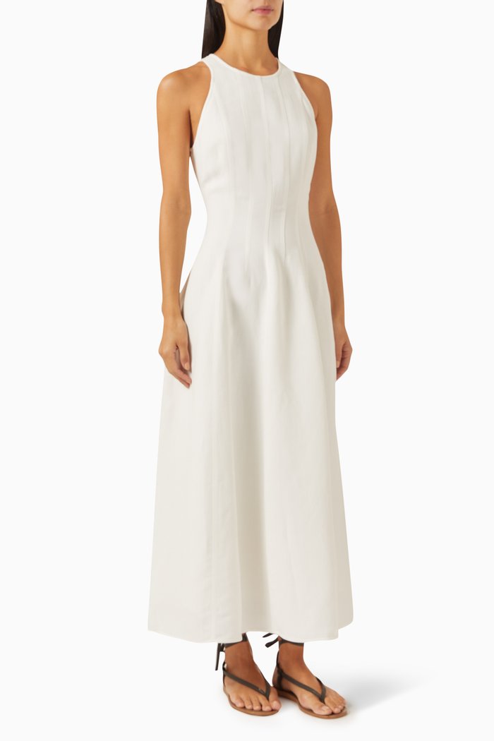 

Pleated Maxi Dress in Viscose-linen, White
