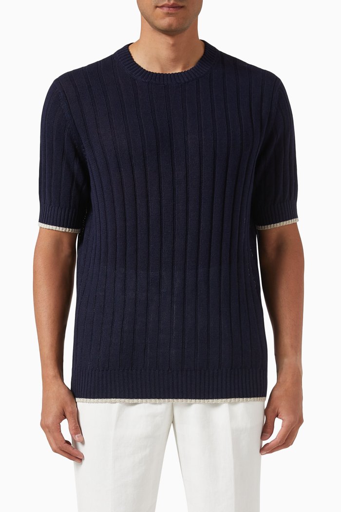 

Ribbed Knit T-shirt in Linen-cotton, Blue