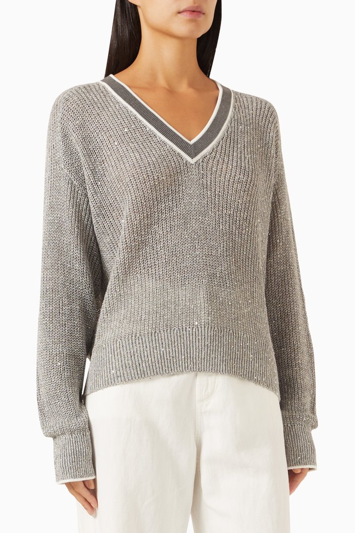 

Sequin-embellished Sweater in Linen-knit, Grey