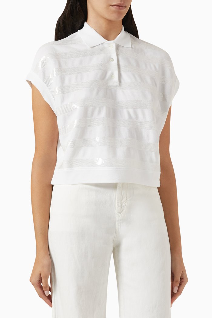 

Sequin Striped Polo Shirt in Cotton, White