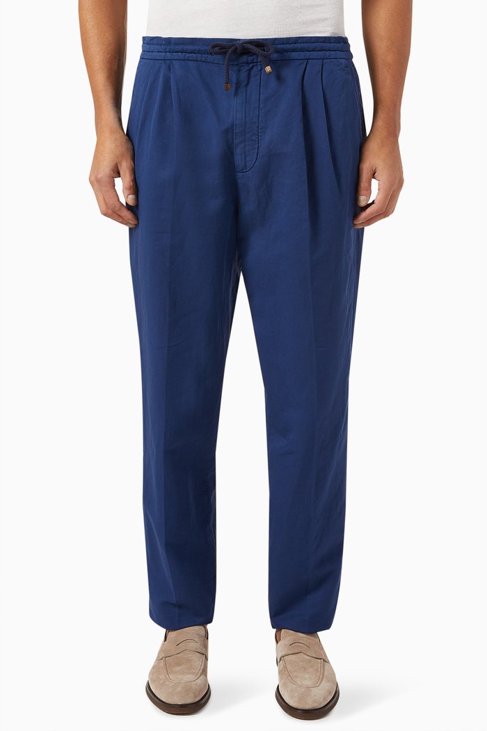 

Double-pleated Drawstring Pants in Linen-blend, Blue
