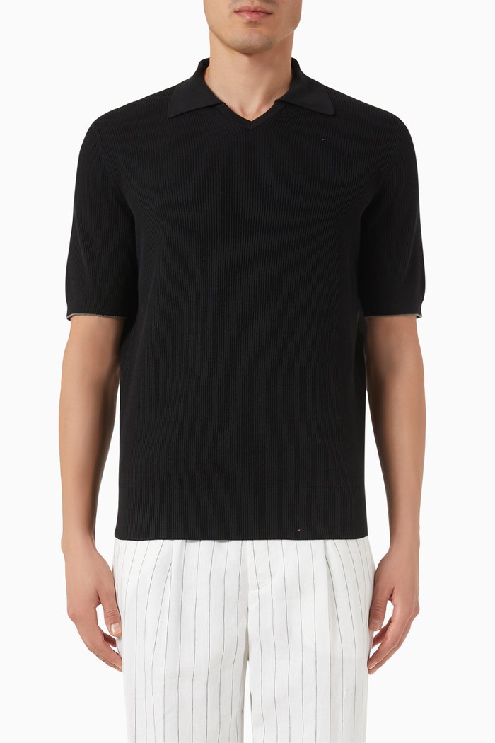 

Polo Shirt in Cotton Rib-knit, Black