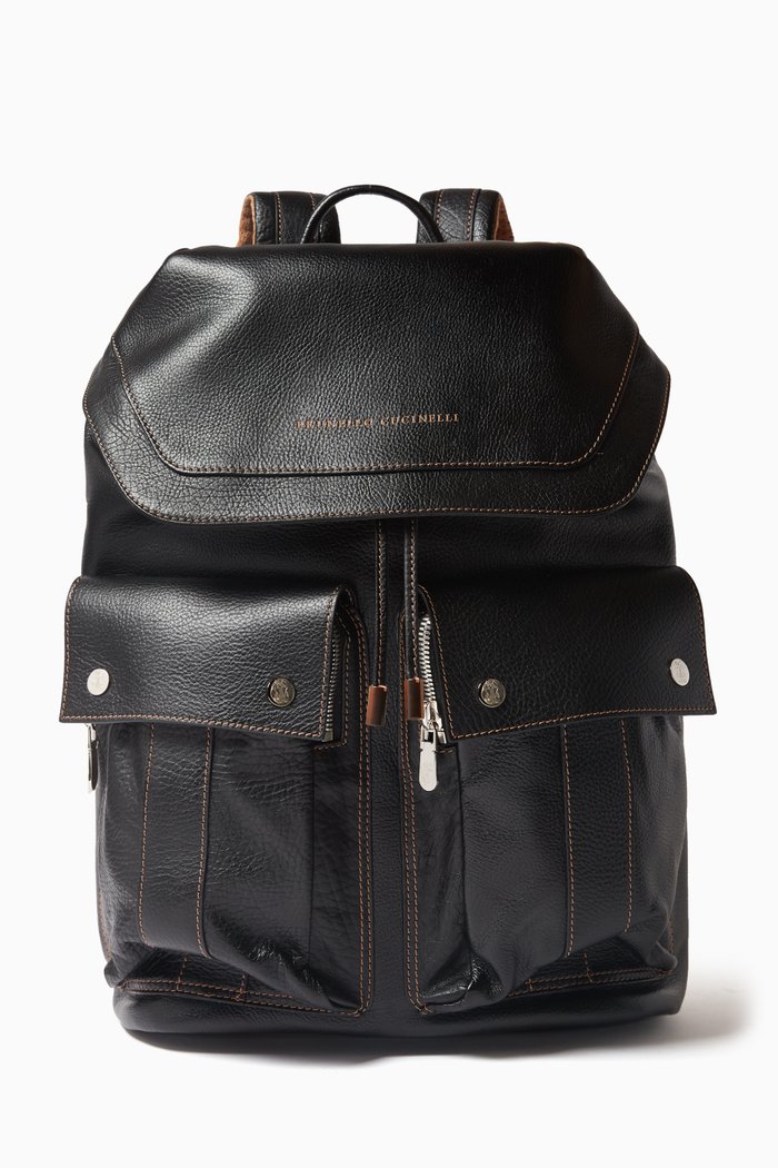 

Contrast-stitch Backpack in Grained Leather, Black