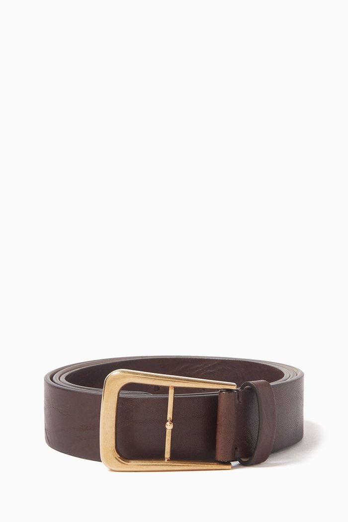 Buckle-fastening Belt in Leather, Brown