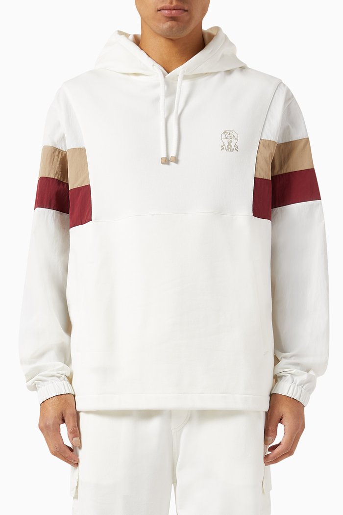 

Colour-block Panelled Hoodie in French Terry & Nylon, White