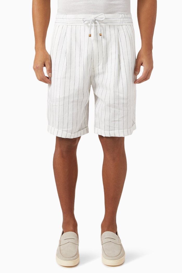 

Chalk Striped Bermuda Shorts in Linen, White