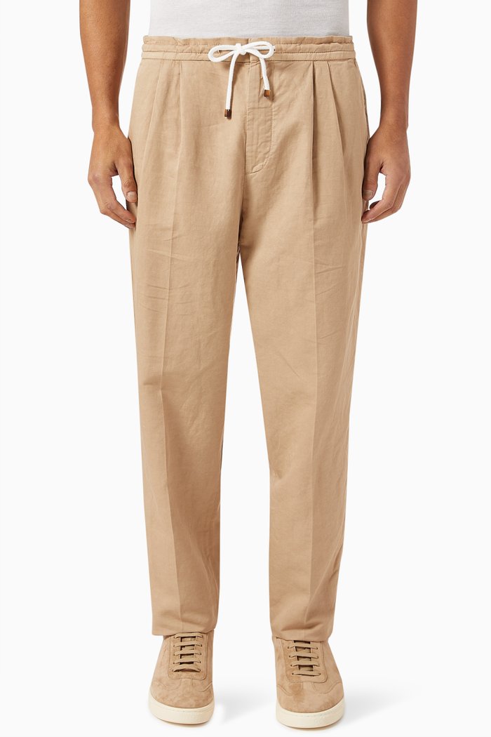 

Double-pleated Drawstring Pants in Linen-blend, Brown