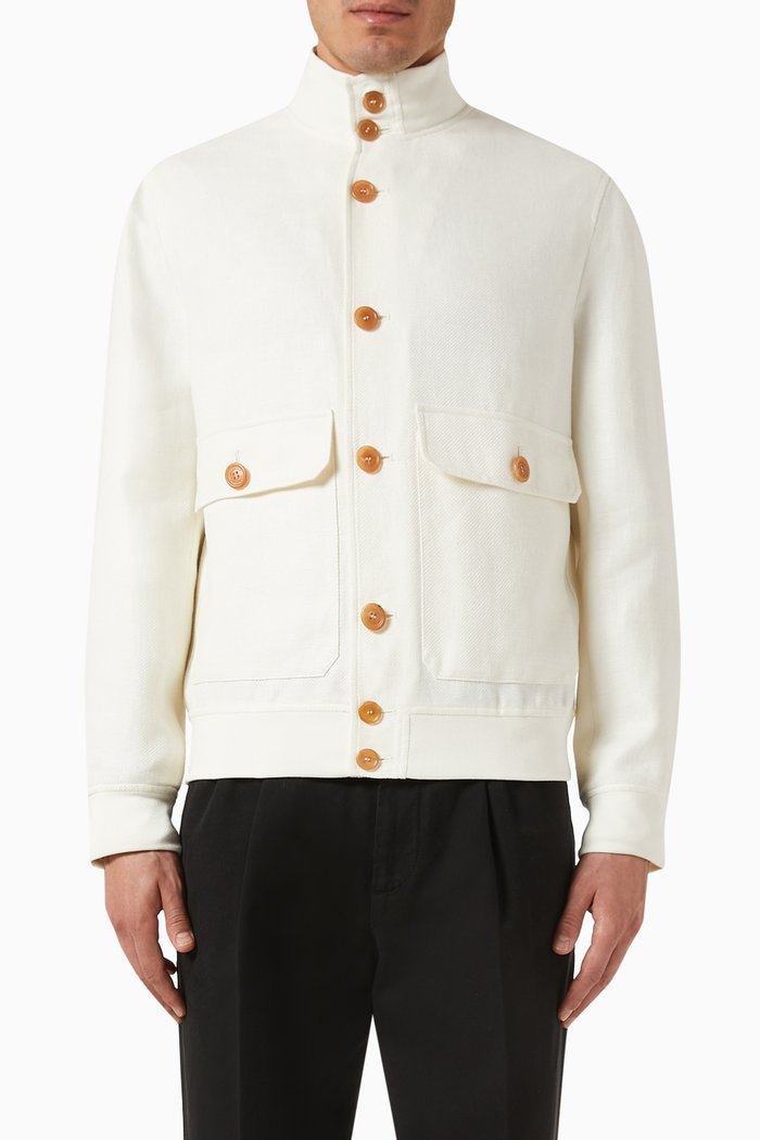 

Cargo Pocket Bomber Jacket in Linen Blend, White