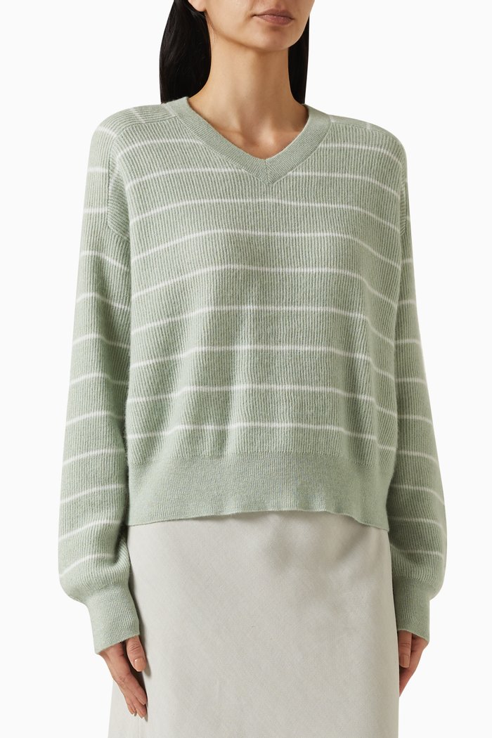 

Striped Ribbed Jumper in Wool-cotton, Green