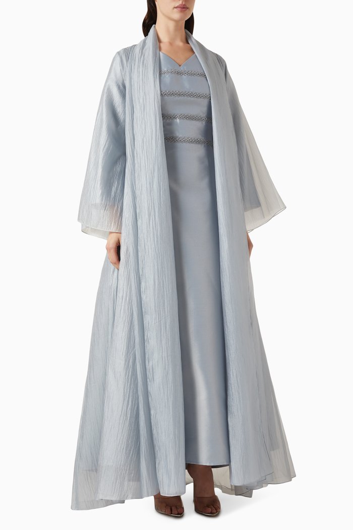 

3-piece Embellished Abaya Set in Organza & Tulle, Grey
