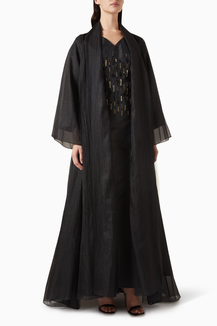 

3-piece Embellished Abaya Set in Organza & Tulle, Black