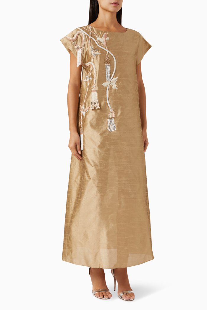 

Abstract Birds & Ropes Kaftan in Silk, Gold