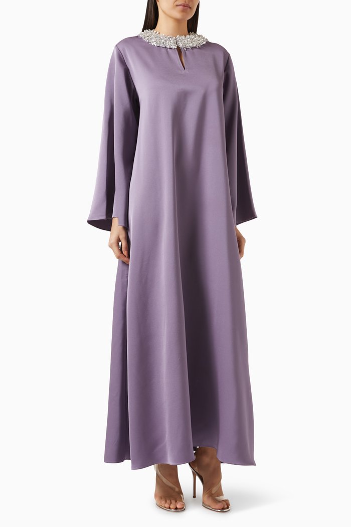 

Embellished Neckline Kaftan in Silk, Purple