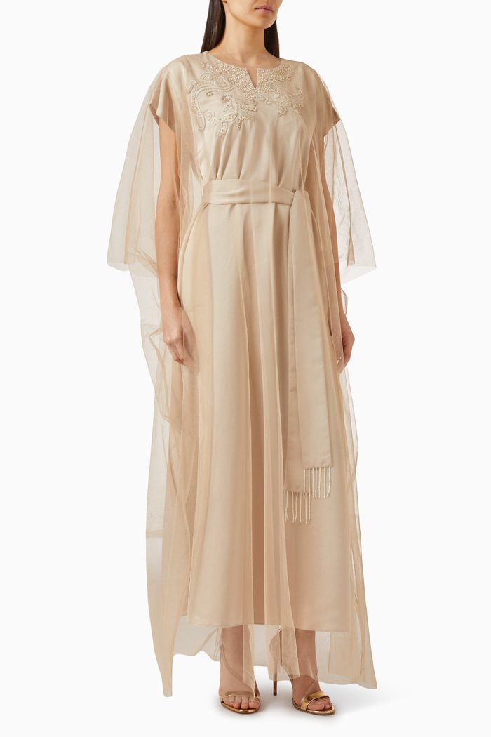 

Abstract Embroidered Kaftan in Silk, Neutral