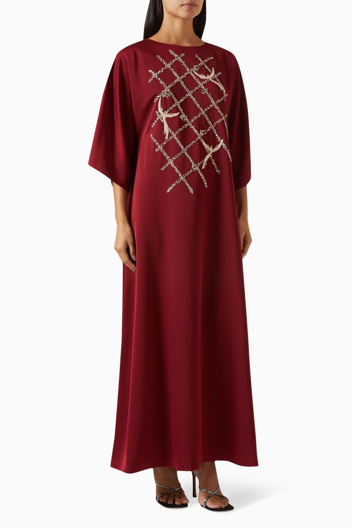 

Linear Abstract Embroidered Kaftan in Silk, Red