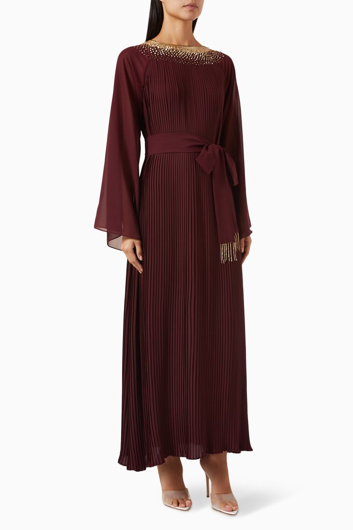 

Gold Gems on Pleats Kaftan in Chiffon, Red