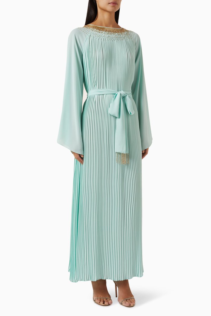 

Gold Gems on Pleats Kaftan in Chiffon, Green