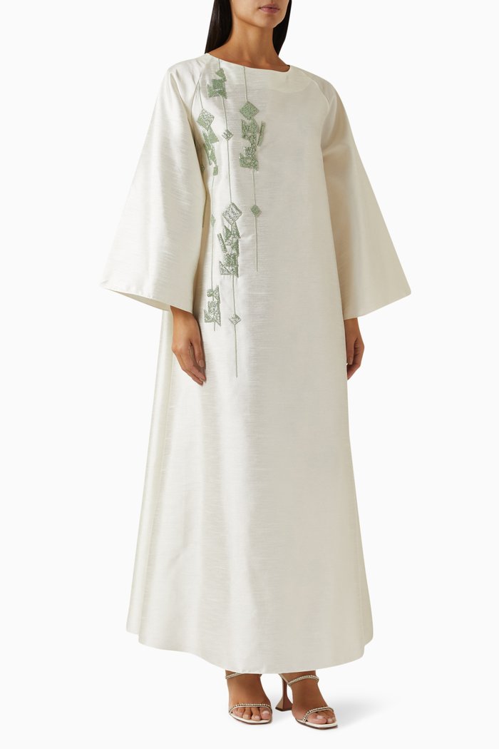 

Linear Jewels Kaftan in Raw Silk, White