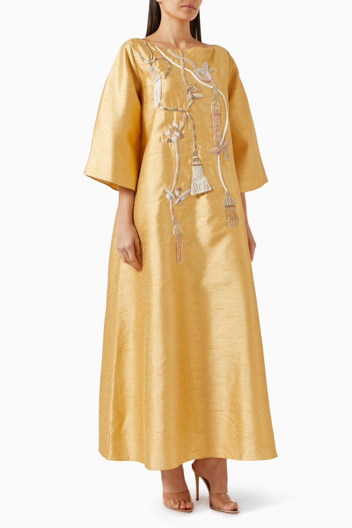 

Embellished Kaftan in Raw Silk, Yellow