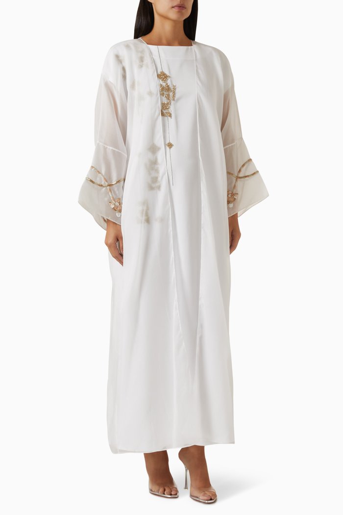 

Embellished Sleeves Sheer Kaftan in Silk-organza, Neutral