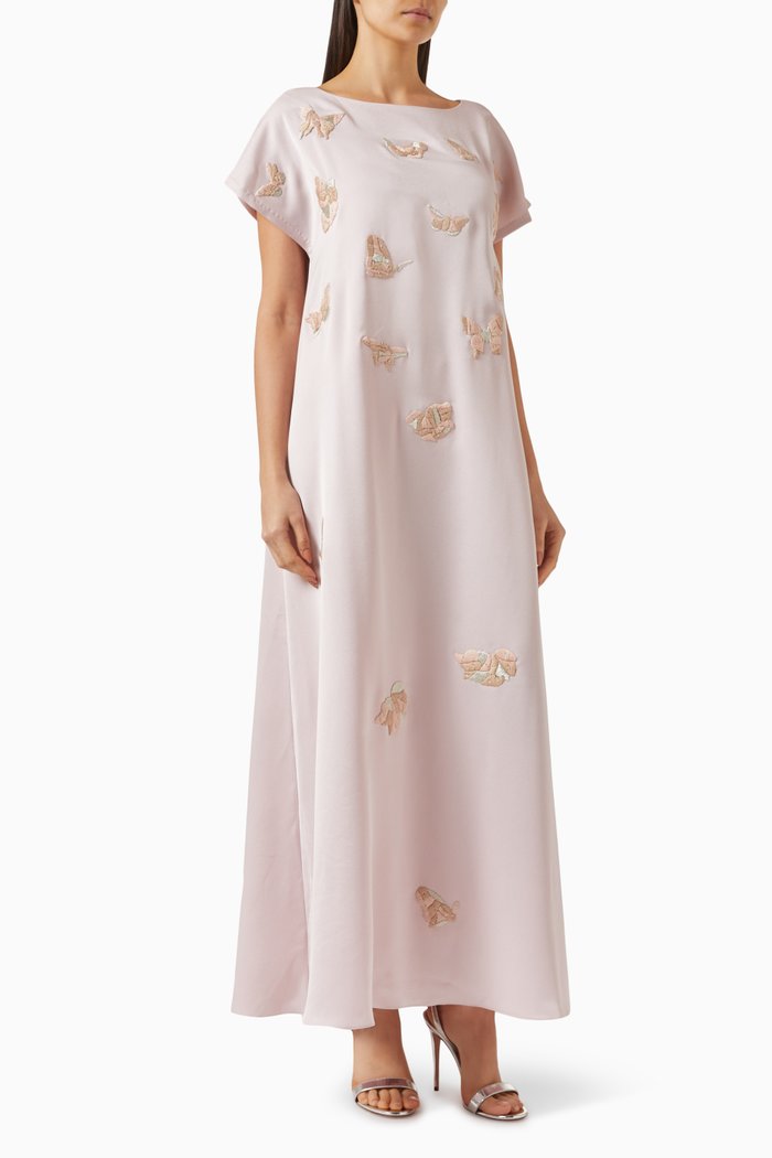 

3D Butterfly Embroidered Kaftan in Crepe, Pink