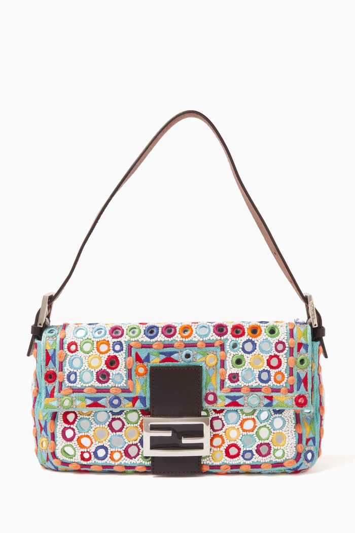 

Mirror-embellished Baguette Shoulder Bag in Embroidered Fabric, Multicolour