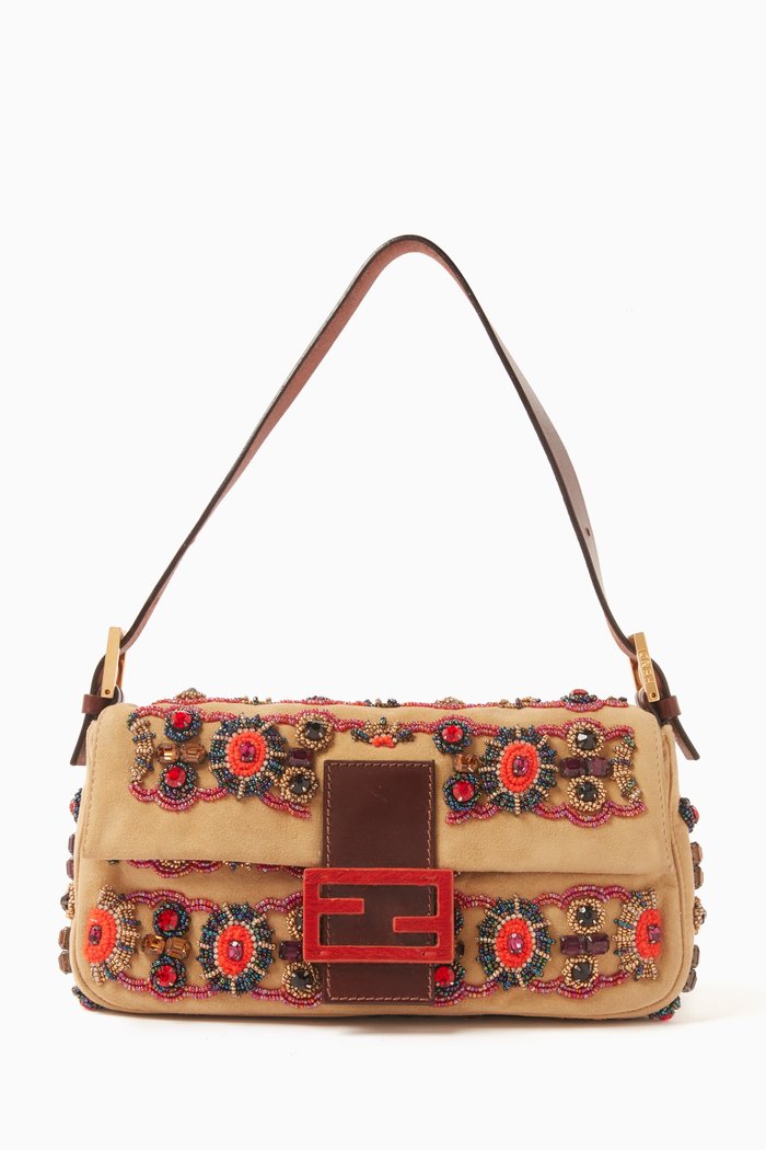 

Bead-embellished Baguette Shoulder Bag in Suede, Red