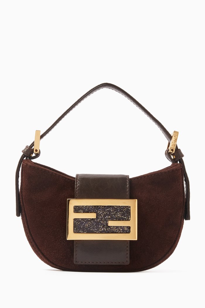 

Mini Croissant Top-handle Bag in Suede, Brown