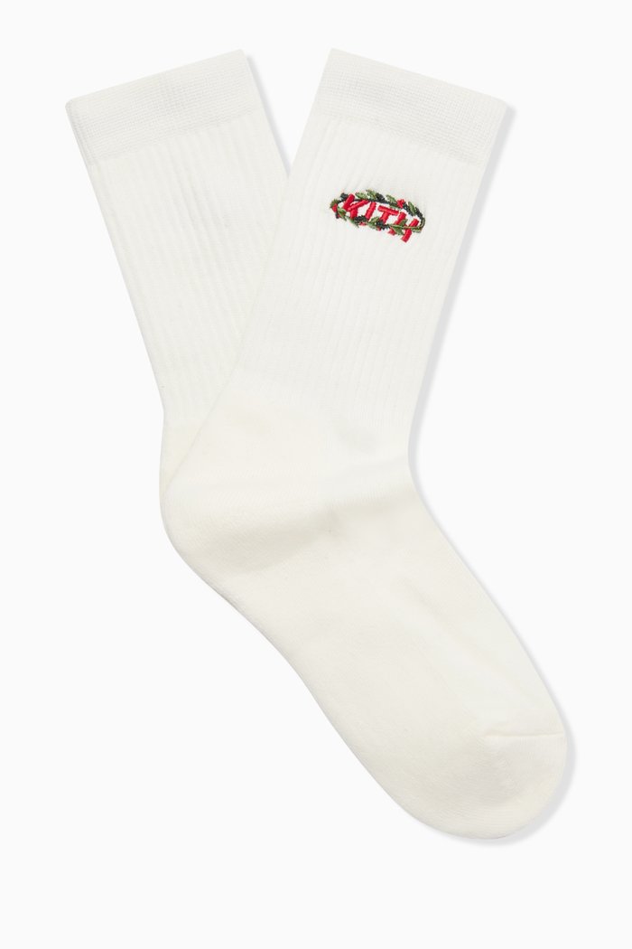 

Kithmas Wreath Crew Socks in Cotton-blend, White