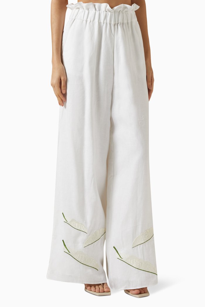 San Benito Embroidered Pants in Linen, White