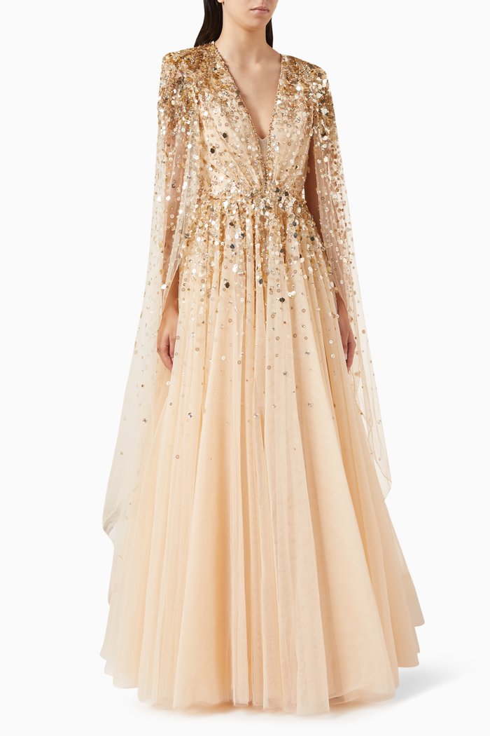 

Alondra Sequin-embellished Cape Gown, Gold