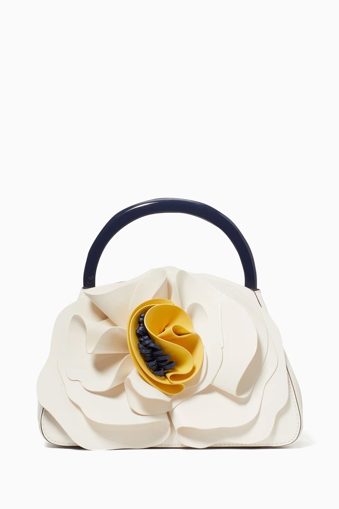 

Flora 3D Flower Top-Handle Bag in Leather, Neutral