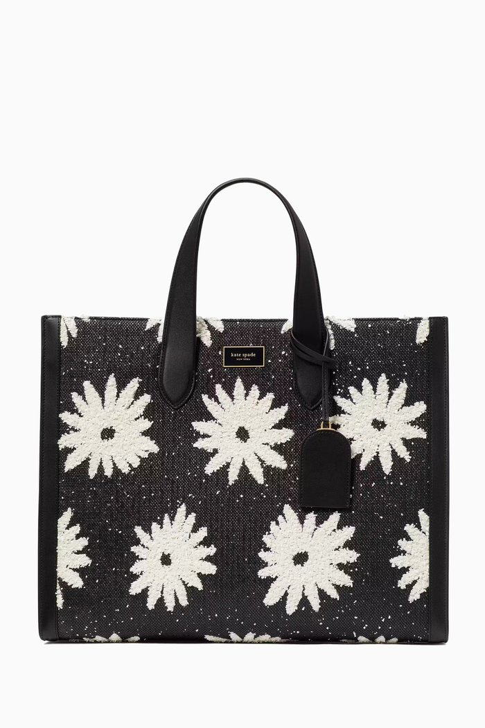

Large Manhattan Floral Tote Bag in Straw, Black