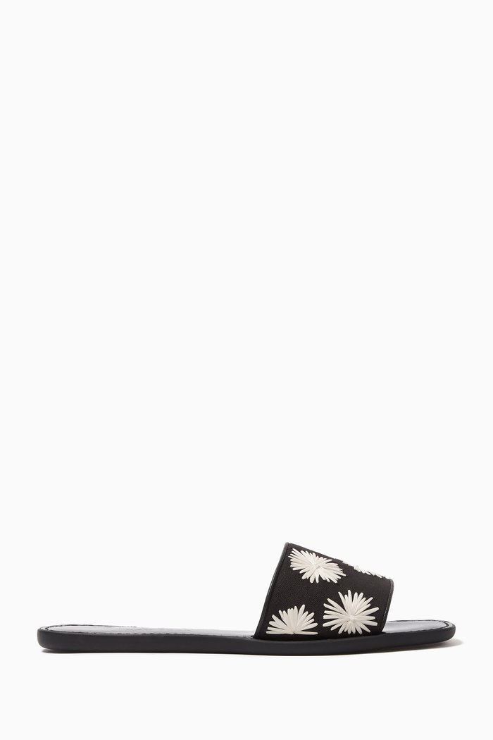 Lauren Pom Pom Floral Slide Sandals, Black