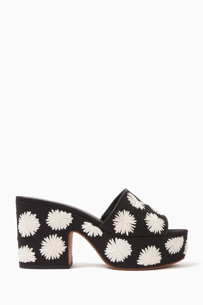 

Ibiza Pom Pom Floral Platform Sandals, Black
