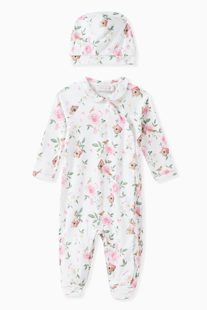 

Floral-print Sleepsuit and Hat Set in Cotton, White
