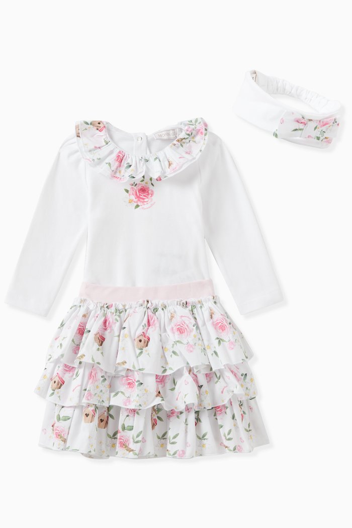 Floral-print Dress & Headband Set in Cotton Jersey, White