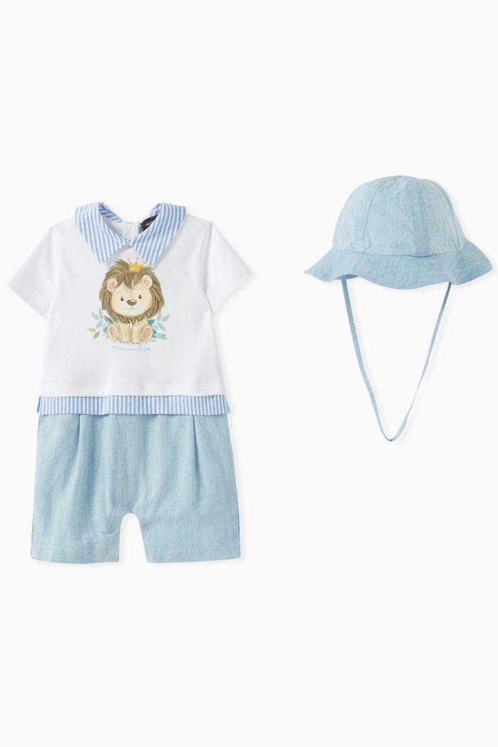 

Lion-print Romper & Hat Set in Cotton Jersey, Blue