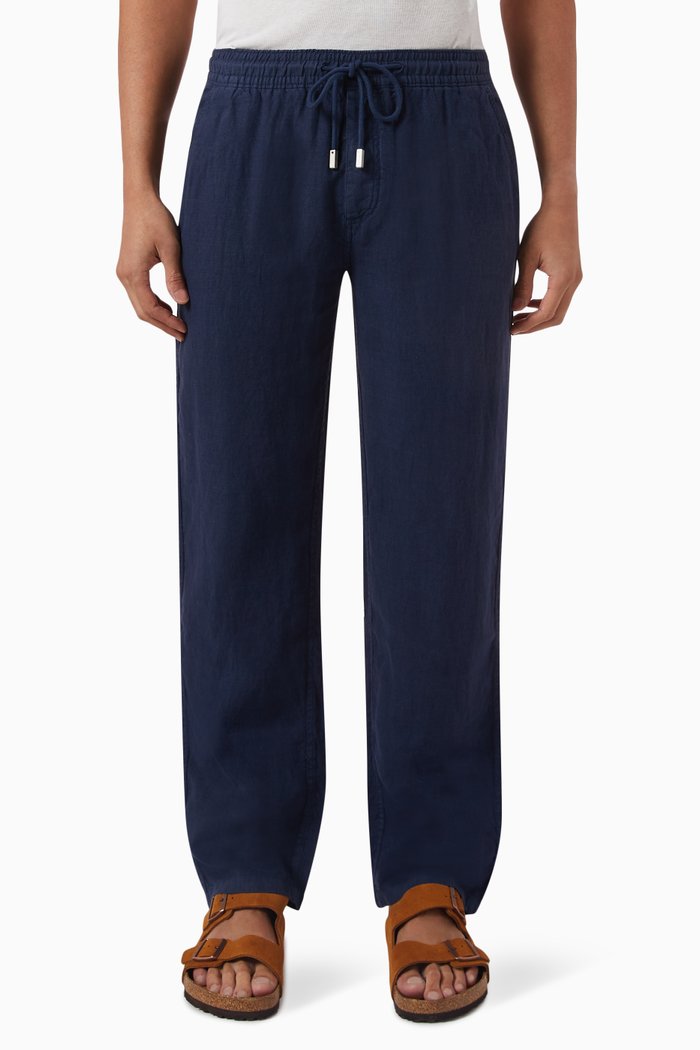 Pacha Logo Trousers in Linen, Blue