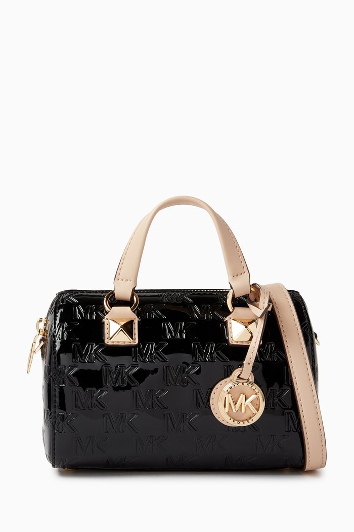

Small Grayson Duffle Crossbody Bag in Patent Logo Canvas, Black