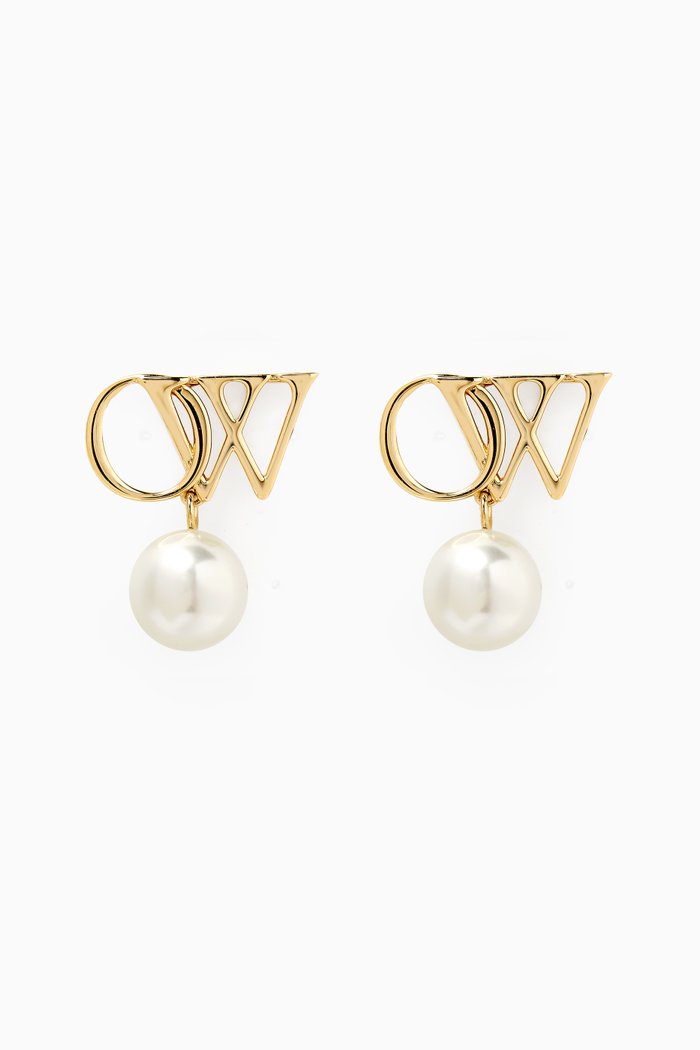 

OW Faux-pearl Drop Earrings in Brass, Gold