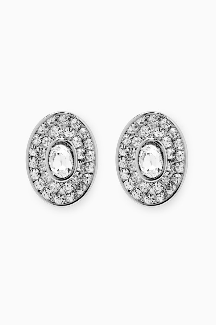 

Oval Crystal Stud Earrings in Brass, Silver