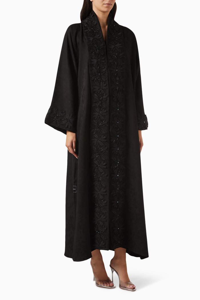 

Flower Embroidered Abaya in Light Brocade, Black