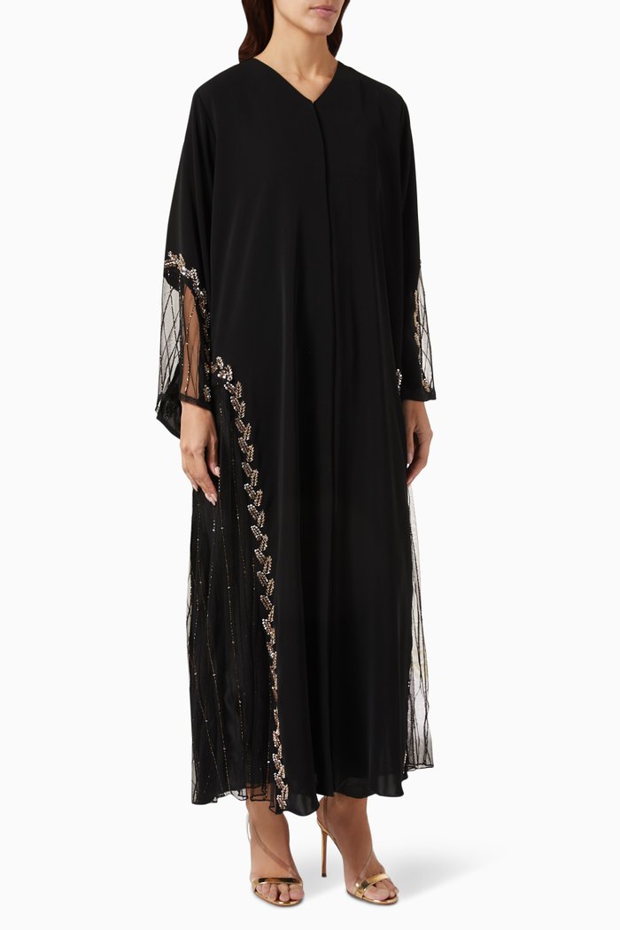 

Glass Bead Embellished Abaya in Nada & Tulle, Black