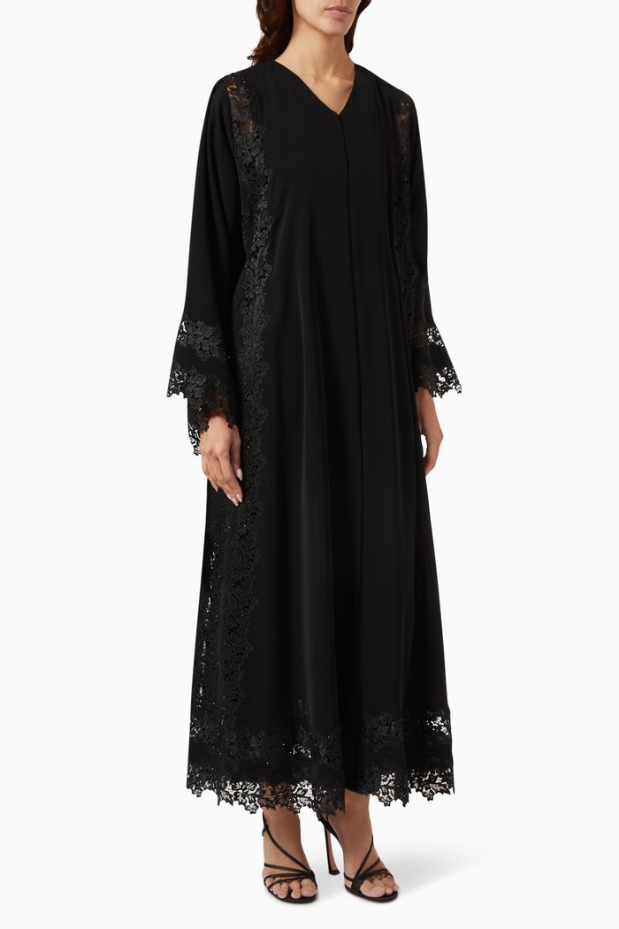 

Stone Embellished Floral Lace Abaya in Nada, Black