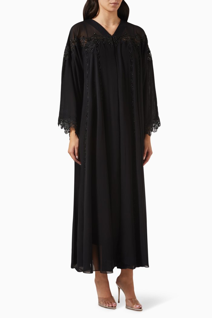 

Floral Lace Embellished Abaya in Nada & Chiffon, Black