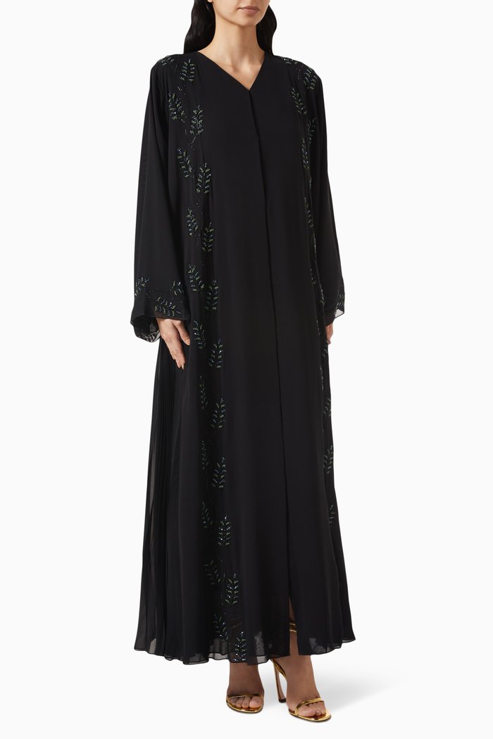 

Bead-embellished Pleated Abaya in Chiffon, Black