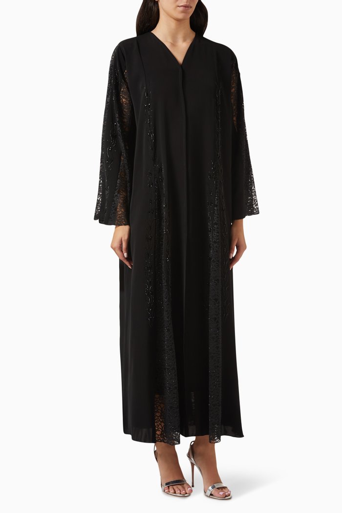 

Floral Lace Embellished Abaya in Nada & Tulle, Black